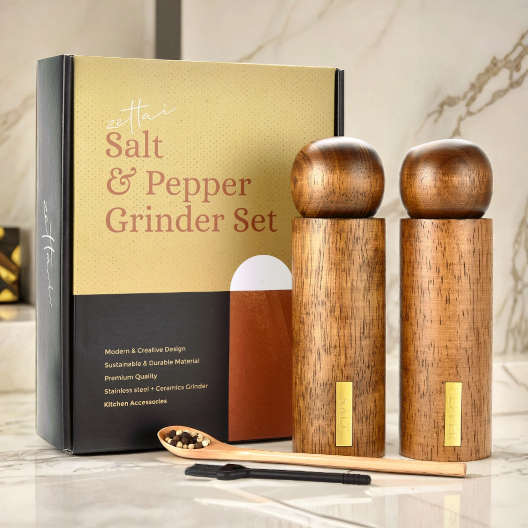 Zettai Wooden Salt & Pepper Grinder Set(Pack of 2),?8 inches, Wooden Salt & Pepper Mill Set For Cooking, Dining, Home Decor. Including Cleaning Brush, Spoon. Adjustable & Refillable. Gift Set.